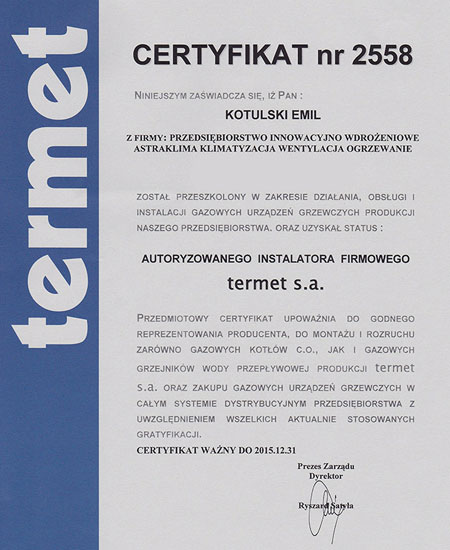 Certyfikat Super Hydraulik Wrocław